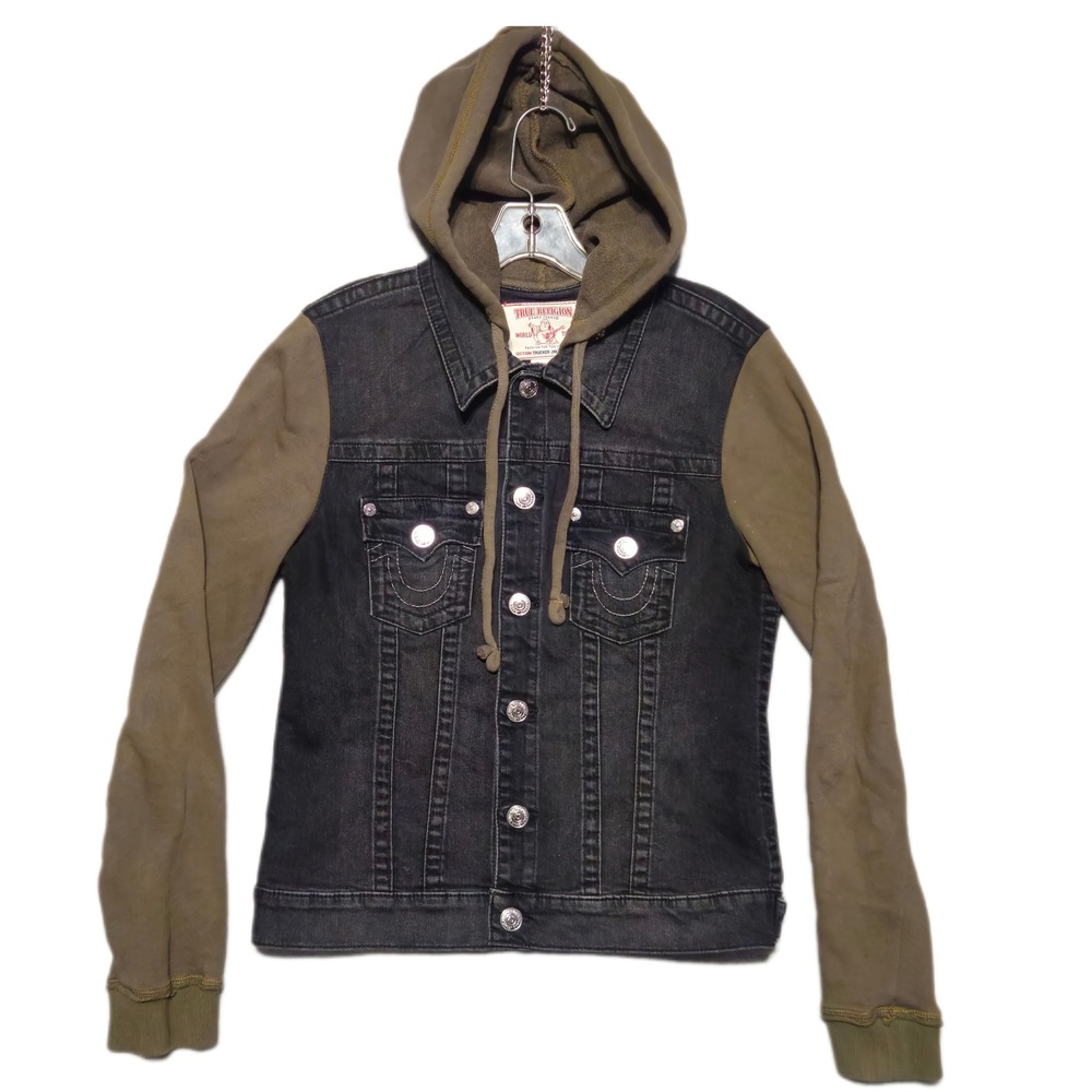 TRUE RELIGION Section Hybrid Trucker Jacket Womens L Black Denim Hoodie Y2K